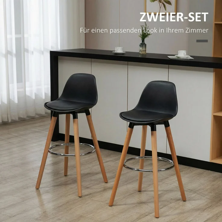 HOMCOM Barhocker, Kunstleder, Buchenholz, Schwarz, 43B x 43L x 91H cm – Bild 4