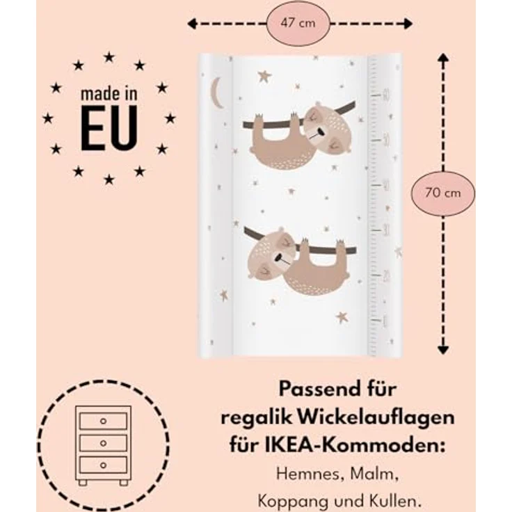 Wickelauflage 70x47 cm, Weiß mit Faultieren – abwaschbar & weich, profilierte Ränder für mehr Sicherheit – Wickeltischauflage für Wickelkommode – Baby Wickelunterlage mit Komfortfüllung – Bild 5