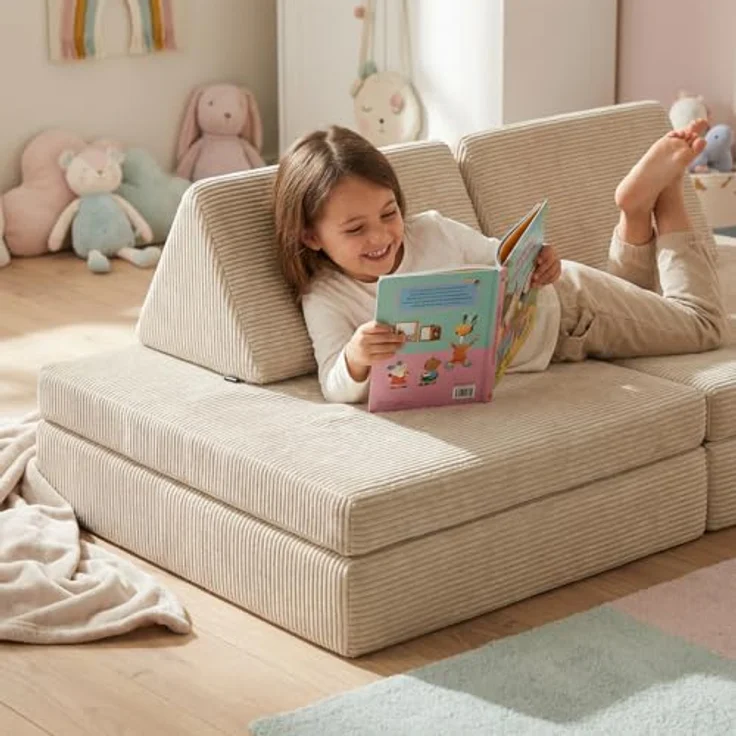 Bellabino 'Nile' Spielsofa mit Toren, 8-tlg, Cord, beige, faltbare Kindercouch, abnehmbarer & waschbarer Bezug, Kindersofa aus Schaumstoff – Bild 2