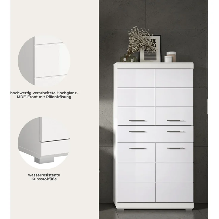 Xonox Scout Badmidischrank (B/H/T: 74x141x31 cm) in weiß Nachbildung und weiß Hochglanz tiefzieh – Bild 10
