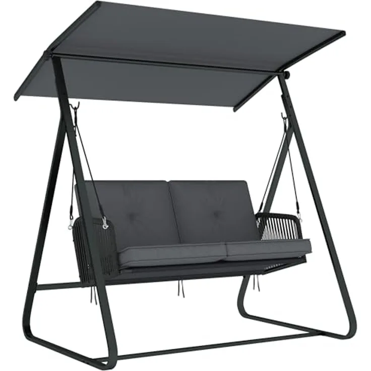 Outsunny Hollywoodschaukel mit Verstellbarem Sonnendach, weichem Kissen, A-Rahmen, 2-Sitzer, verstellbares Dach, Schaukelbank, geeignet für 2 Personen, Gartenschaukel, 3 tlg, 2-Sitzer Schaukelbank, für Garten Terrasse 150 x 128 x 168 cm Dunkelgrau