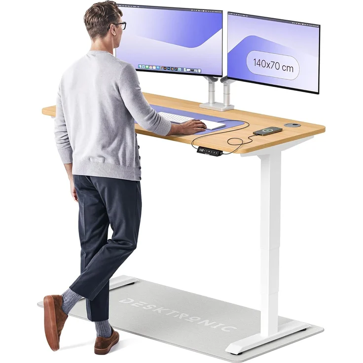 Höhenverstellbarer Schreibtisch - Höhenverstellbar Elektrisch mit Flüsterleisem Dual-Motor & Touchscreen - Hohe Tragfähigkeit - Stehtisch von Desktronic, Weiß + Eiche, 140x70 cm – Bild 1