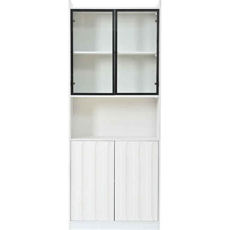 80x35x200cm LED Vitrine, Hochschrank mit Glasschranktüren, Hochschrank Glasvitrine mit LED und Offene Partition,Wohnzimmerschrank mit Glastüren, Küche, Arbeitszimmer, Eingangsbereich,Weiß – Bild 10