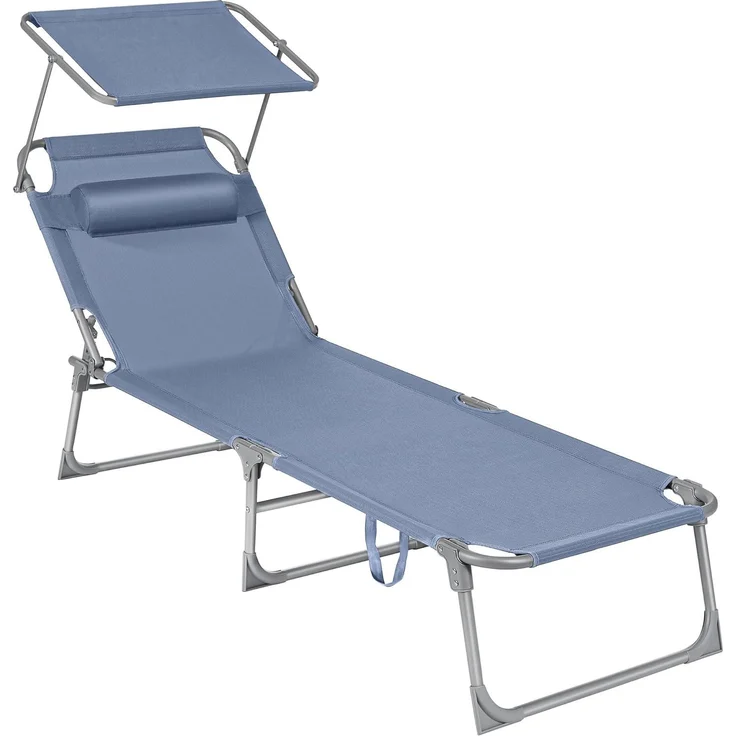 SONGMICS Sonnenliege, klappbarer Liegestuhl, 193 x 53 x 29 cm, max. Belastbarkeit 150 kg, mit Sonnenschutz, Kopfstütze und Verstellbarer Rückenlehne, für Garten, Pool, Terrasse, blau GCB192Q01 – Bild 1
