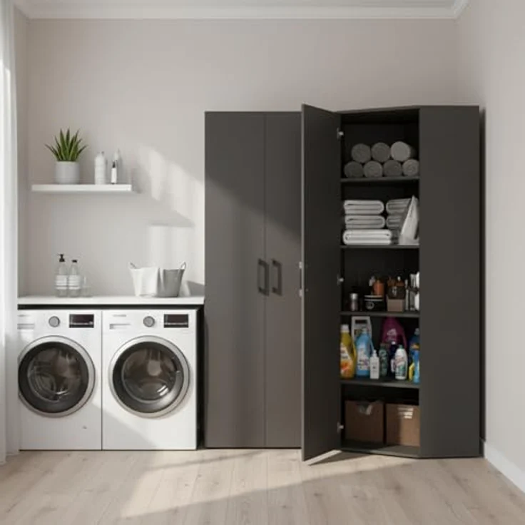 Bellamio Apol Eckschrank schwarz – großer Mehrzweckschrank – Allzweckschrank aus Holz – Haushaltsschrank mit 5 Fächern – Aktenschrank für Flur/Küche/Büro – Putzschrank – Aufbewahrungsschrank – Bild 2