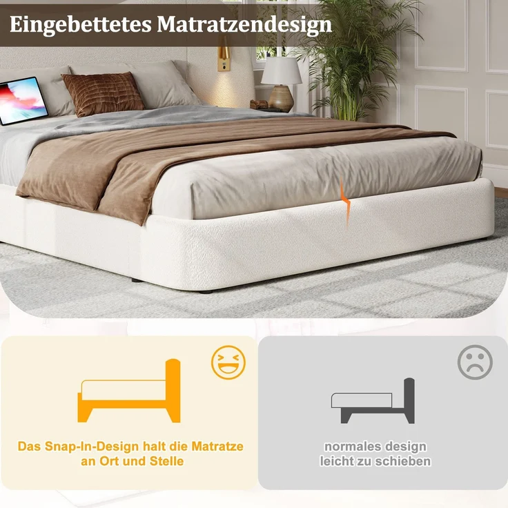 Polsterbett mit LED-Beleuchtung, extra breites Kopfteil mit Spots und USB Anschlüssen, 180x200 cm, gepolsterter Kopfteil, Doppelbett, Frottee – Bild 3