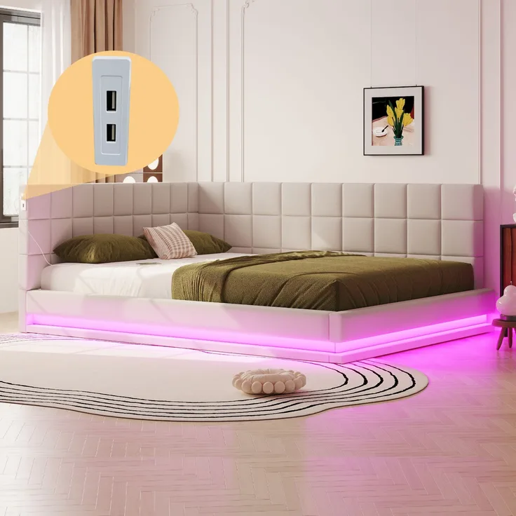Polster Schlafsofa mit LED-Beleuchtung & USB-Ladefunktion, wandelbar,stabiler Lattenrost,bis 250kg belastbar,Beige