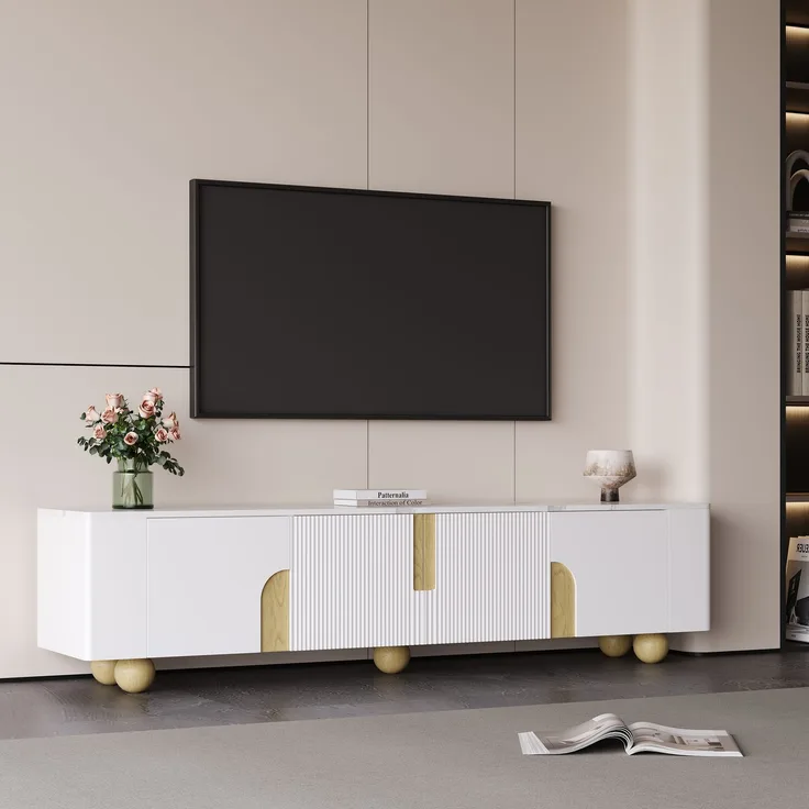 TV-Schrank 180 cm Weiß Holzoptik mit Marmoroberfläche, 4-türig, Massivholzfüße, modernes Sideboard fürs Wohnzimmer