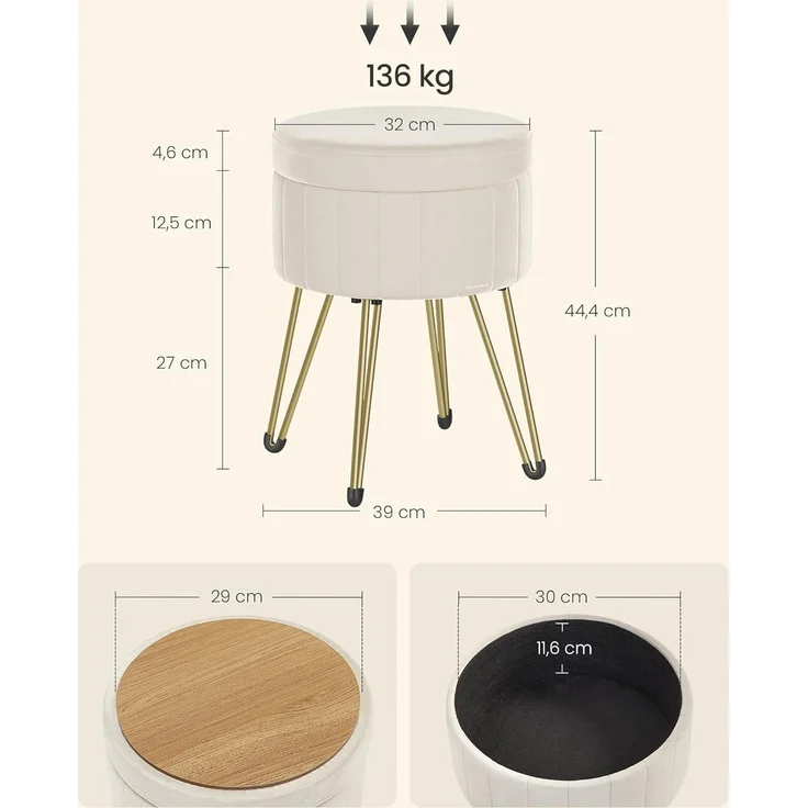 Songmics Sitzhocker Hocker (Schminktischhocker, Samt Schminkhocker), 4 Metallbeine, für Ankleidezimmer, Wohnzimmer, Schlafzimmer, weiß – Bild 3
