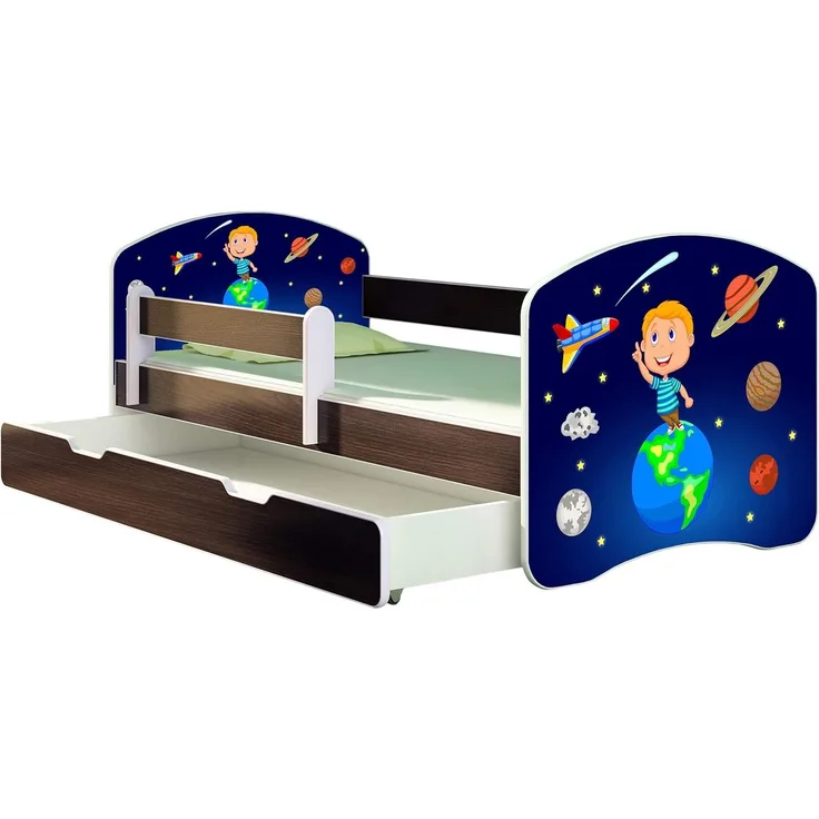 ACMA Kinderbett Jugendbett mit Einer Schublade und Matratze Wenge mit Rausfallschutz Lattenrost II 140x70 160x80 180x80 (22 Kosmos, 180x80 + Bettkasten)