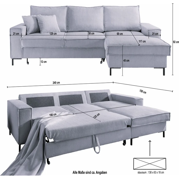 Ecksofa Récamiere Schlaffunktion Bettkasten Couch Polsterecke in Cord Grün – Bild 8