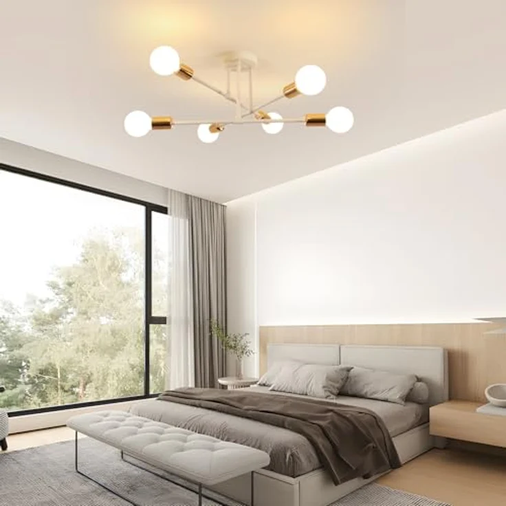 Deckenleuchte Vintage, 6 Flammig E27 60 cm Deckenlampe Sputnik Kronleuchter Modern für Wohnzimmer Esszimmer Küche Flur, Weiß & Gold Max. 60 W (Ohne Glühbirnen) – Bild 6