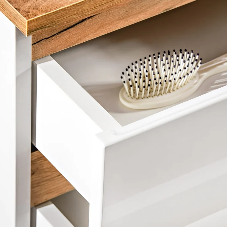Waschtischunterschrank CAMPOS-56, Hochglanz weiß mit Wotaneiche, B/H/T: ca. 94/63,5/50 cm – Bild 8