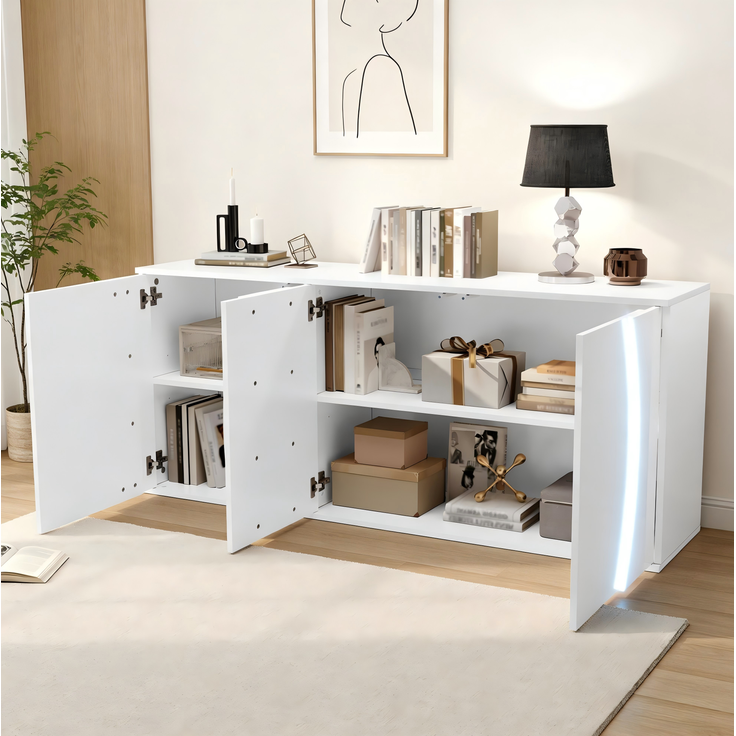 DESVIAE Sideboard mit 3 Türen und LED-Beleuchtung 150x70x40 cm Spanplatte Weiß – Bild 3