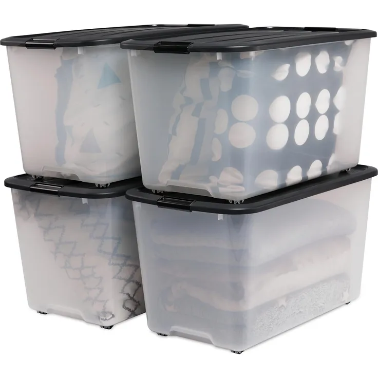 Iris Ohyama, Kunststoff-Aufbewahrungsbox, 70 l Garagen-Aufbewahrungsbox, 4er-Set, BPA-frei, TBR-70, Schwarz, stapelbar, Verschlussklammern ? B68 x T39 x H38 cm