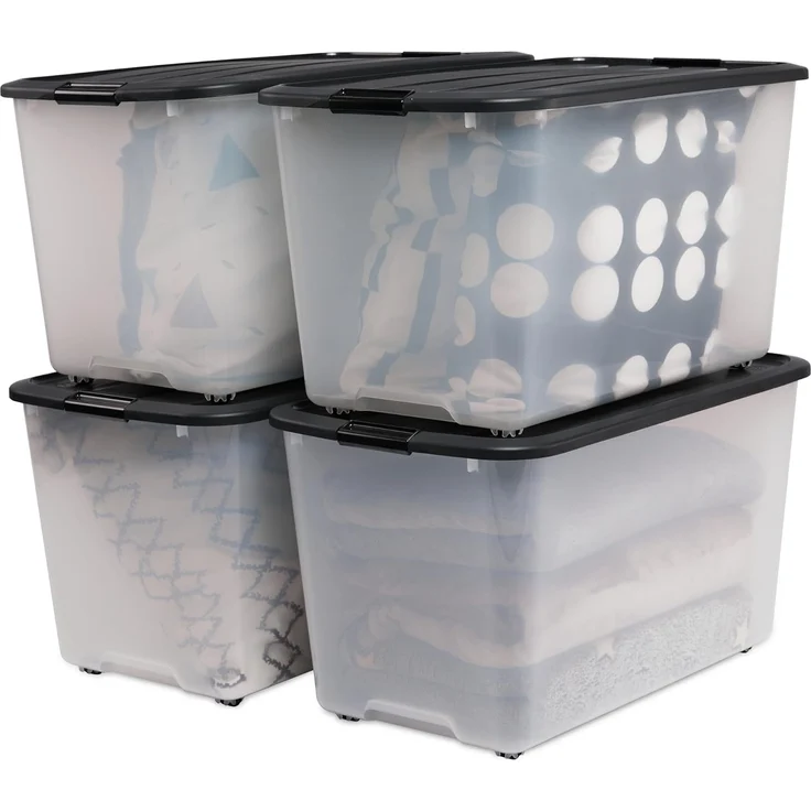 Iris Ohyama, Kunststoff-Aufbewahrungsbox, 70 l Garagen-Aufbewahrungsbox, 4er-Set, BPA-frei, TBR-70, Schwarz, stapelbar, Verschlussklammern ? B68 x T39 x H38 cm