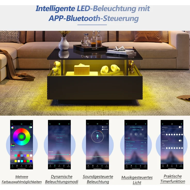 Couchtisch, Hochglanz, mit LED-Beleuchtung, 2 Schubladen & transparentem Display, 70x70x41 cm, Schwarz – Bild 7