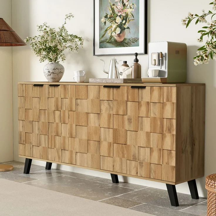 Sideboard Holzoptik 160 cm, moderner Aufbewahrungsschrank mit 4 Türen, Einlegeböden & schwarzen Griffen – Bild 3