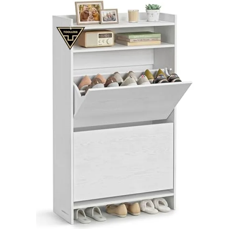 SONGMICS Home Schuhschrank 2 Klappen, superschnelle werkzeuglose Montage, Toolless-Technologie, Schuhkipper schmal, Schuhaufbewahrung, Trennwand verstellbar, modern, schneeweiß LBC228WE01