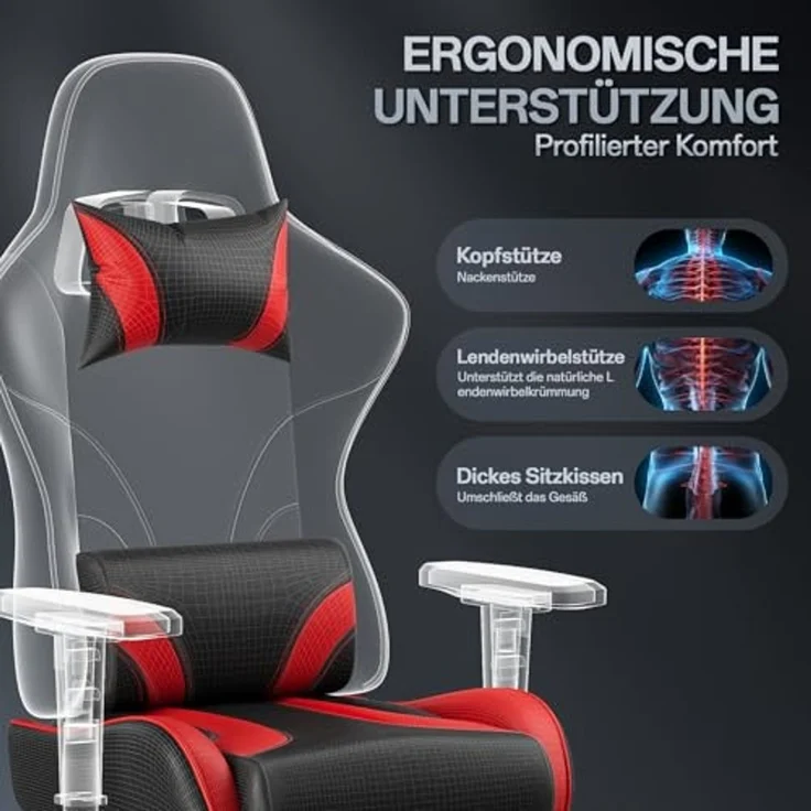 JUMMICO Gaming Stuhl mit Fußstütze & verstellbaren Armlehnen, Rot/ Schwarz – Bild 4