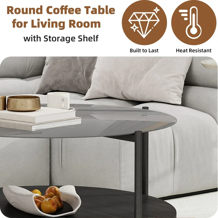 Couchtisch 82 x 82 x 45 cm, mit runder Tischplatte, mit Glastischplatte, aus Glas und Eisen und Holz, Schwarz – Bild 2
