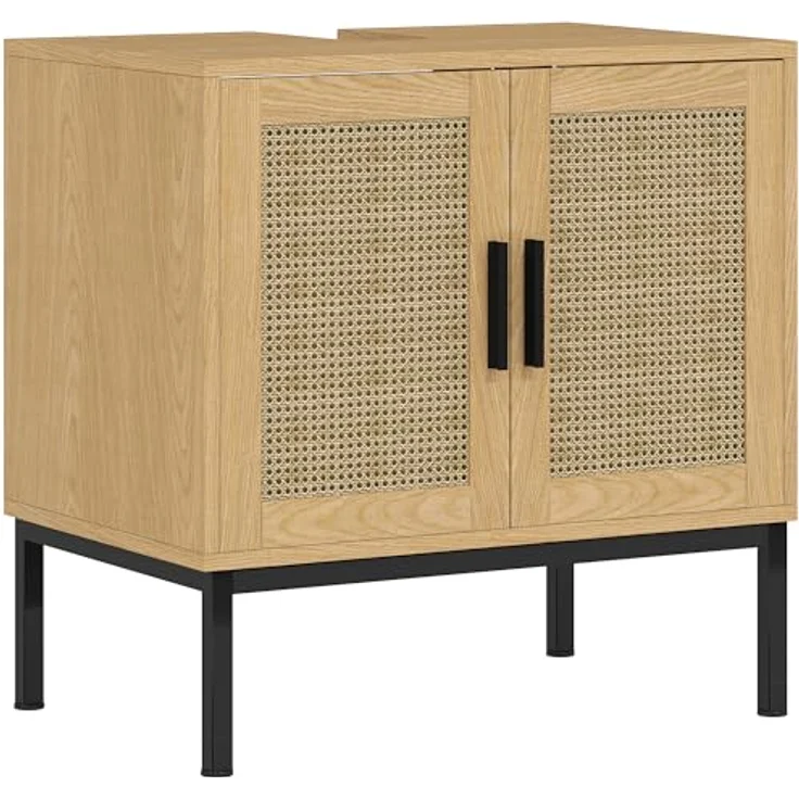 kleankin Waschbeckenunterschrank Unterschrank mit Schrankfach, Waschtischunterschrank mit Rattanoptik, Badunterschrank mit Kippschutz, Eiche, 60 x 39 x 60 cm – Bild 2