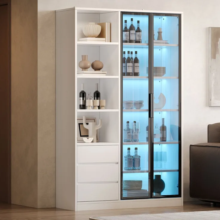 Vitrine 100 x 35 x 160 cm in Mattweiß mit Glastüren, LED-Beleuchtung und Schubladen