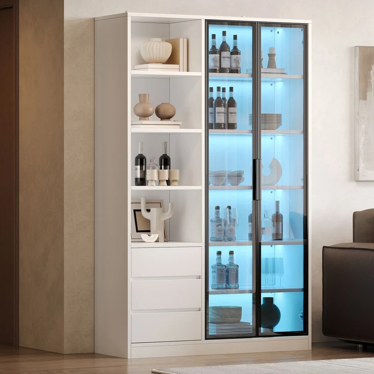 Vitrine 100 x 35 x 160 cm in Mattweiß mit Glastüren, LED-Beleuchtung und Schubladen – Bild 1