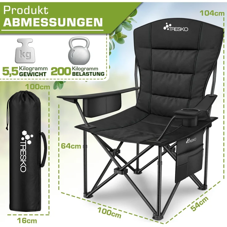 TRESKO® Campingstuhl Faltbar bis 200kg | Faltstuhl mit Kühltasche, Getränkehalter & Seitentasche | Klappstuhl XXL inkl. Tragetasche | Angelstuhl gepolstert für Outdoor, Angeln, Festival & Garten – Bild 2