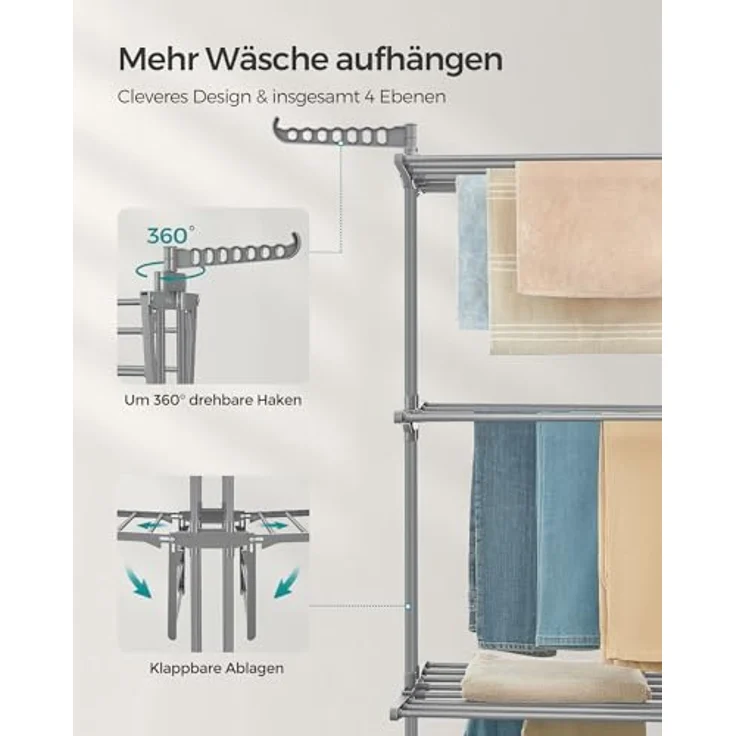 SONGMICS Wäscheständer, Standtrockner 4 Ebenen, Flügelwäscheständer, klappbare Flügel, mit Rollen, 63,5 x 128 x 173 cm, groß, einfacher Aufbau, Taubengrau LLR701G01 – Bild 6