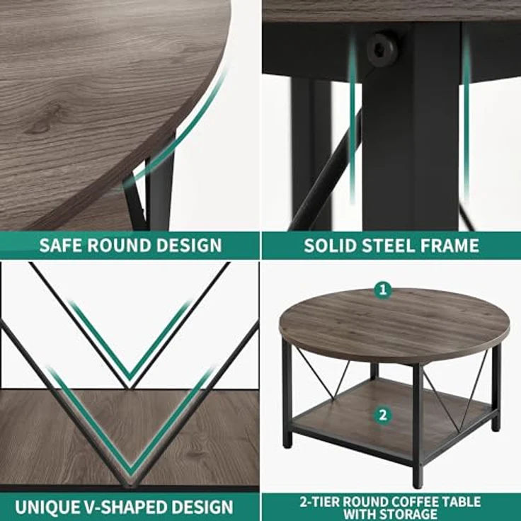 YITAHOME Runder Couchtisch, 80 x 80 x 46 cm Rustikaler Wohnzimmertisch aus Holz für Wohnzimmer mit Ablage, Moderner Bauernhaus Couchtisch mit Stabilen Metallbeinen, Heimmöbel – Bild 8