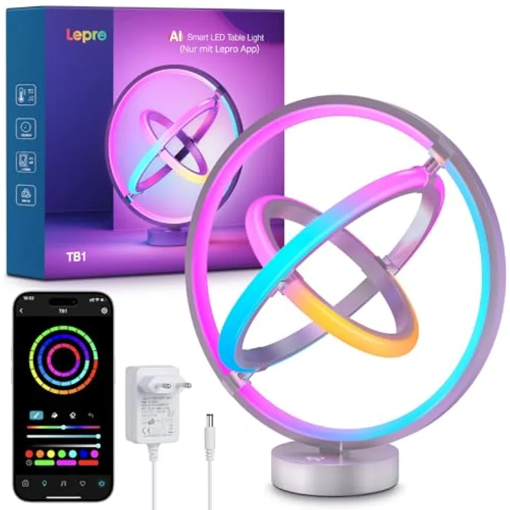 Lepro AI Smart Tischlampe TB1, KI-Lichtdesign-Assistent mit Musik Sync, APP Sprachsteuerung, RGB+IC-Technologie, dimmbar, kompatibel mit Alexa/Google, ohne Fernbedienung