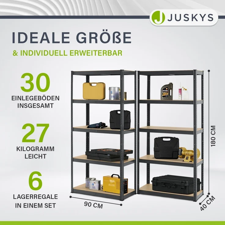 Juskys Lagerregal Basic 6er Set 180x90x40 cm – 6 Schwerlastregale mit 30 Böden – max. 5250 kg - Metall verzinkt - Regale Kellerregal Metallregal – Bild 2