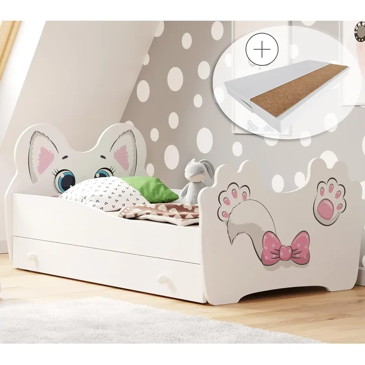 Kids Collective Kinderbett Jugendbett 70x140 80x160 mit Matratze, Schublade und Lattenrost, Katzenmotiv MDF Holz Made in Europe 70x140 cm