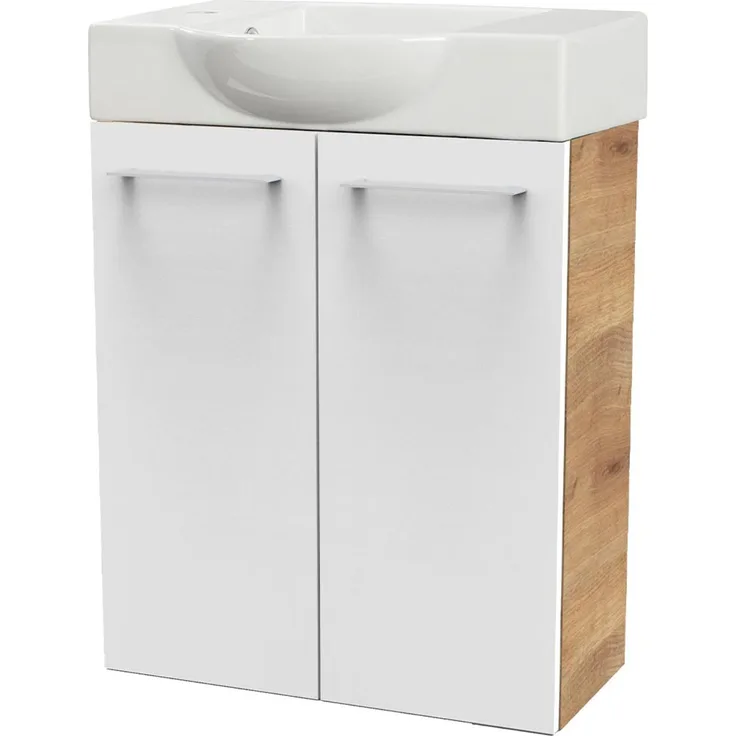 FACKELMANN SBC MILANO Gäste WC Waschtisch Set 55 cm breit, Weiß/Braun hell, Waschbecken Keramik Weiß, Hahnloch links