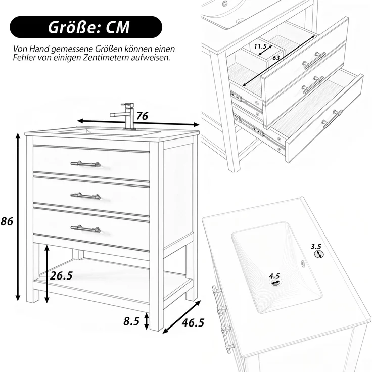 Waschtisch-Unterschrank 76 cm Weißgold mit Keramikbecken 2 Schubladen gold handhaben – Bild 10