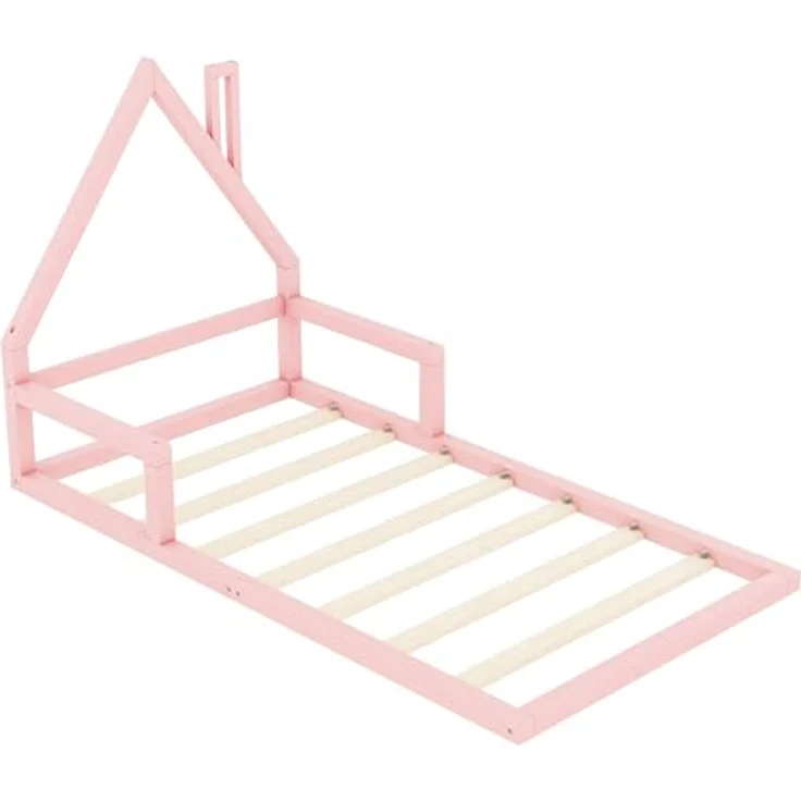 FAVSH Hausbett 90x200 cm Kinderbett mit Rausfallschutz, Lattenrost und Hausdach-Design, Jugendbett aus Kiefernholz, Einzelbett für Kinder und Jugendliche, Bodenbett Rosa – Bild 3