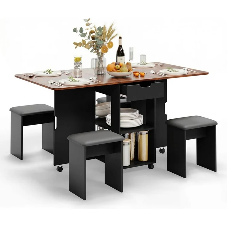 Mondeer Essgruppe Esstisch mit 4 Polsterhocker, Platzsparender Drop-Leaf-Tisch mit 2 Schubladen & Rollen – Bild 4