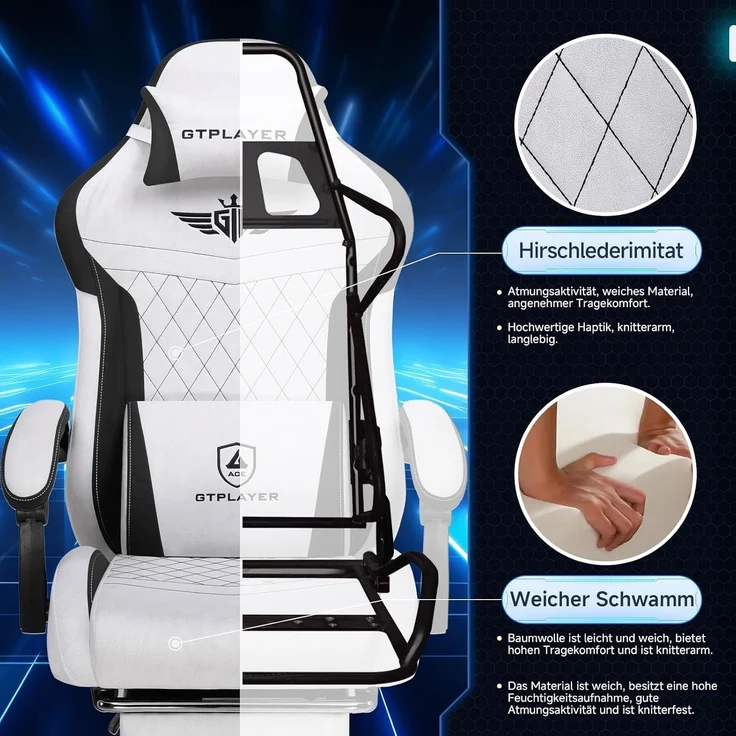 GTPLAYER Gaming-Stuhl Stoff Gaming Chair Ergonomisch Bürostuh PC Stuhl, 150kg Belastbarkeit, Schreibtischstuh mit Federsitzkissen und Fußstütze – Bild 4