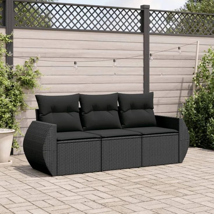vidaXL 3-tlg. Garten-Sofagarnitur mit Kissen Schwarz Poly Rattan 3221054