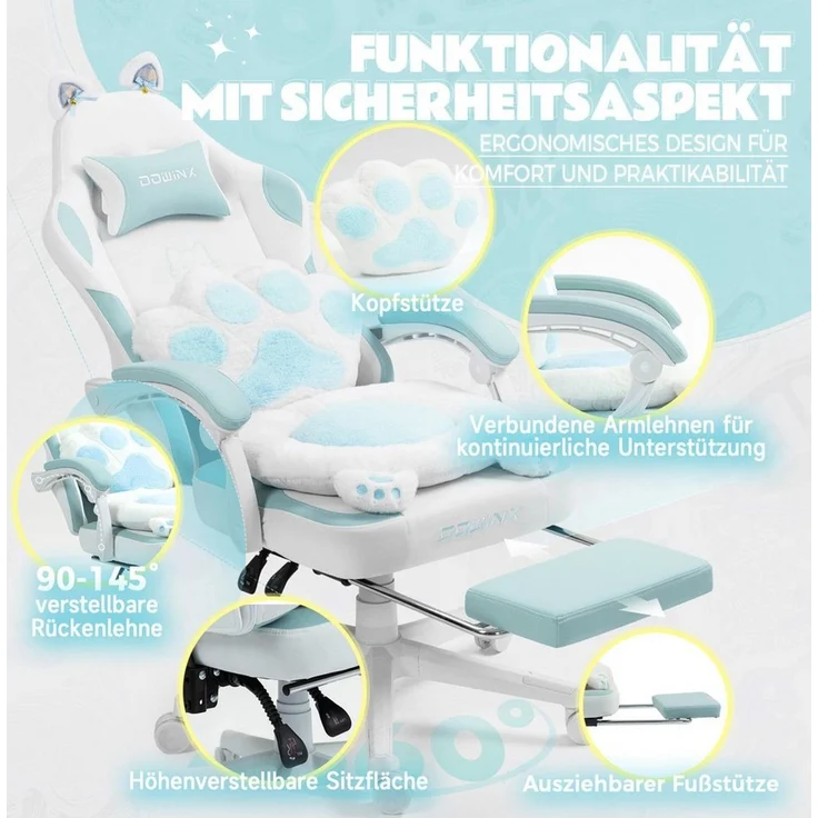 Dowinx Gaming-Stuhl Niedlich mit Katzenohren, Pfoten-Lendenkissen und Sitzkissen, (Packung), Ergonomischer Computerstuhl mit Fußstütze, PC-Spiele-Stuhl für Mädchen – Bild 3