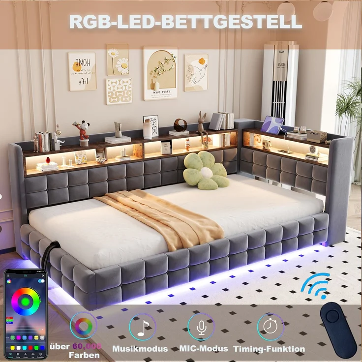 Polsterbett Liegefläche 90×200 cm mit Bettkasten, LED und Steckdose, Grau, ohne Matratze – Bild 6