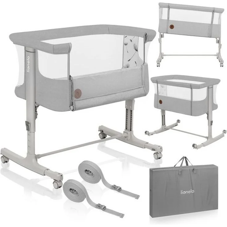 Lionelo Aurora 3 in 1 Babybett bis 9 kg, Beistellbett, Wiege, Höhenverstellug und Einstellung der Neigung der Matratze, 4 Räder mit Bremse Ergonomische Matratze Tasche – Bild 4