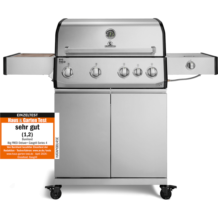 BURNHARD® Gasgrill 4-Brenner, 21,2 kW Gesamtleistung, Infrarot-Keramikbrenner, Seitenkochfeld, Edelstahl-Stabbrenner, Gussrost, große Grillfläche, Piezo-Zündung – Big FRED Deluxe - Silber - #947138 – Bild 2