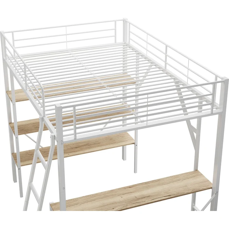 Weißes Metall-Hochbett 90x200cm mit Schreibtisch & 3 Ablagefächern, stabiler Stahlrahmen inkl. Lattenrost ohne Matratze – Bild 9