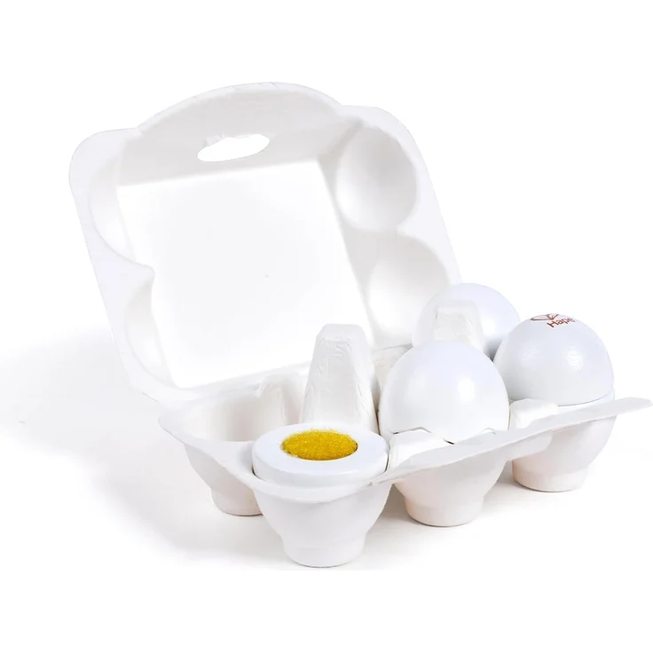 Hape E3156 - Eierkarton, mit 6 Eiern (drei hartgekochte Eier und drei Spiegeleier), Küchenspielzeugzubehör, Kaufladenzubehör – Bild 4