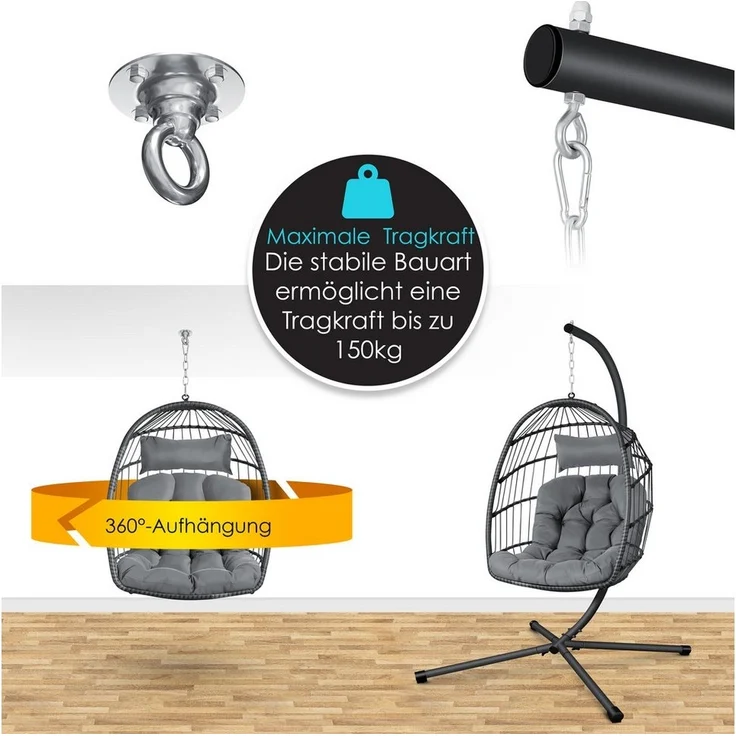 KESSER® Hängesessel Jungle mit Gestell Stahl Hängekorb Sessel Inkl. Großen Kissen + Decken Halterung - Hängeschaukel Hängesitz Indoor - Outdoor Schaukel Hängestuhl für Kinder und Erwachsene Grau – Bild 3