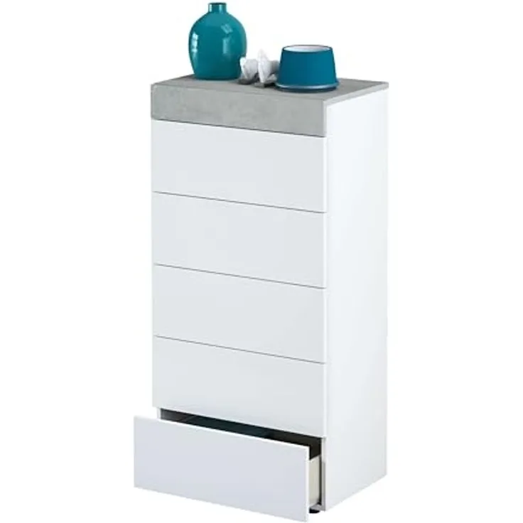 Habitdesign, Kommode mit 5 Schubladen – moderner Sinfonier in Artik weiß & Zementgrau, platzsparender Schubladenschrank für Schlafzimmer oder Büro, Maße: 61 x 118 x 40 cm (B x H x T), Modell Tekkan