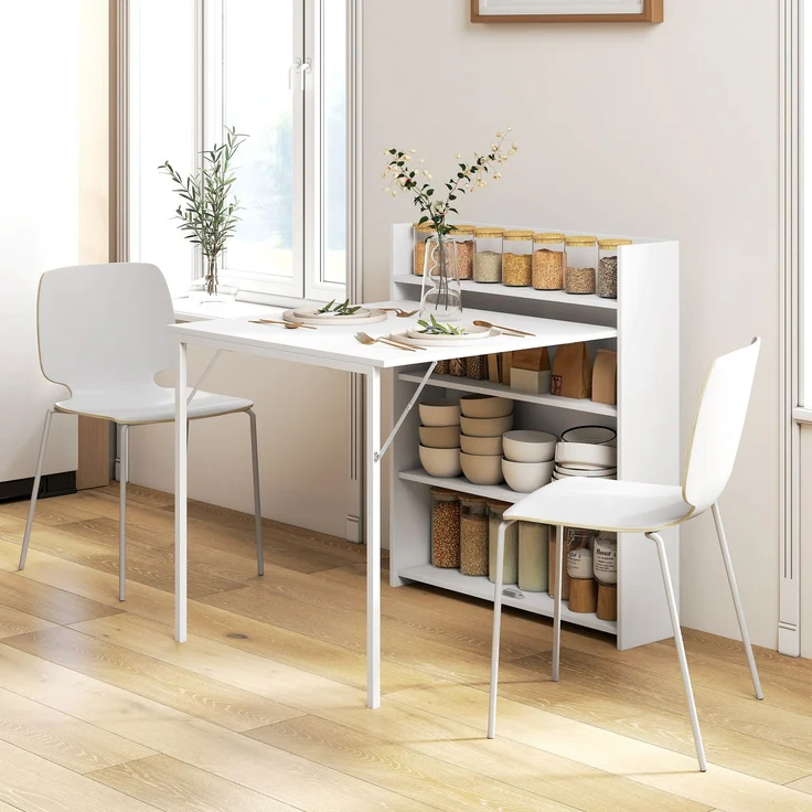 MELAYR, Klappbarer Esstisch, für kleine Räume geeignet, mit 4 diskreten Regalen, 91 x 78.5 x 93 cm, Weiß – Bild 4