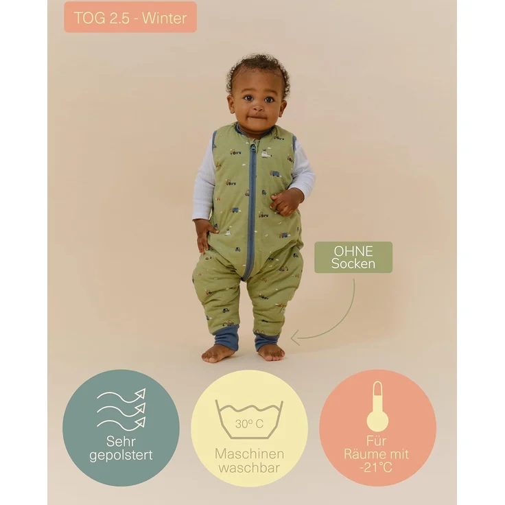 molis&co - Baby Schlafsack mit Füßen 2.5 TOG - Ganzjahres Schlafsack - Babyschlafsack mit Beinen - 100% Baumwolle (Oeko-TEX 100), Winterschlafsack Premium Qualität - Little Drivers (90 cm) – Bild 4